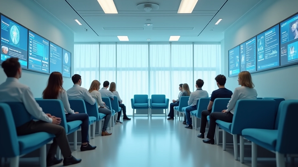 Hastane poliklinik alanında bekleme sırasında hastalar, dijital triaj sistemleri görülüyor