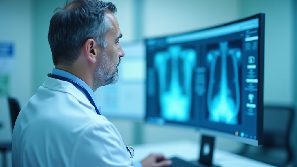 Doktor bilgisayar ekranında tıbbi görüntü analiz ediyor, hastane ortamında