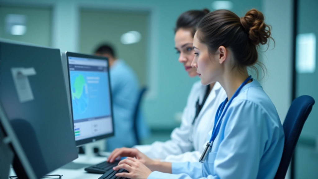 Doktor ve hemşire bilgisayar sistemine bakarak hasta verileri inceleyen, dijitalleştirilmiş hasta dosyası