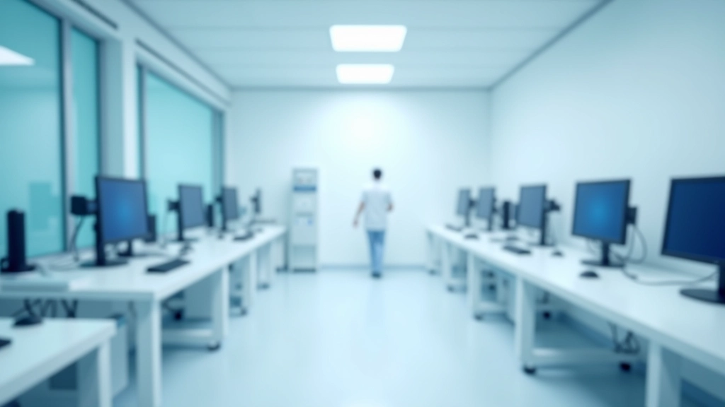Modern sağlık teknolojisi laboratuvarı, bilgisayarlar ve tıbbi cihazlar, parlak işık altında, profesyonel ortam