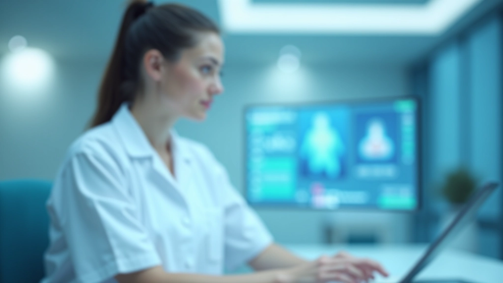 Dijital triaj ekranı gösterimi, hemşire monitörde hasta bilgilerini görüntülüyor, poliklinik ortamı