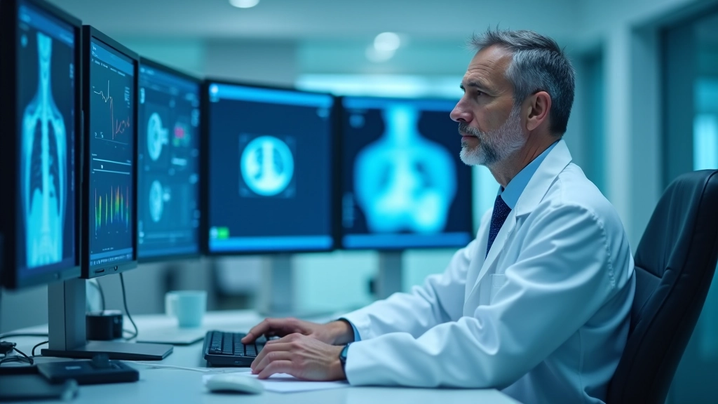 Bilgisayar ekranında radyoloji görüntüleri analiz edilirken, doktor belge kontrol ediyor